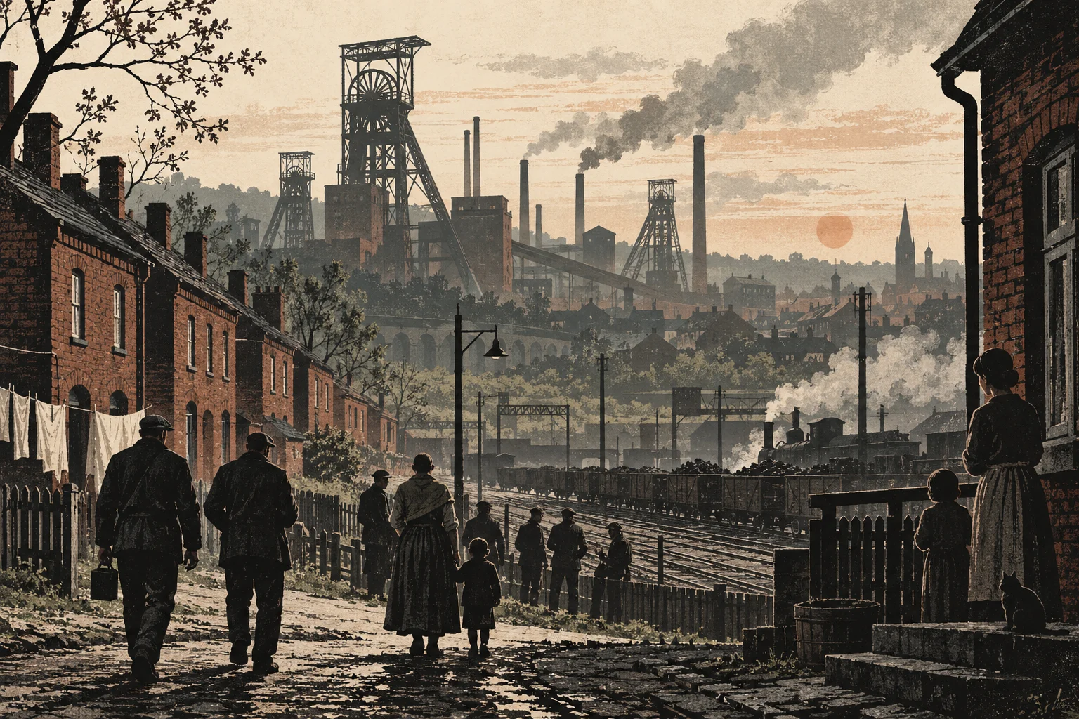 Współczesna ilustracja: rodziny i robotnicy przy zabudowie ceglanej, z kopalniami i torami w tle.