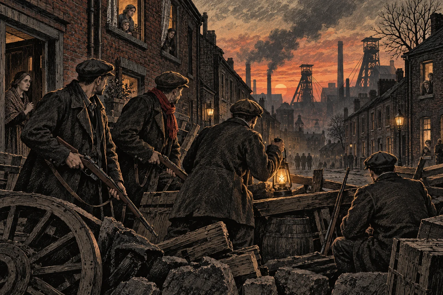 Ilustracja AI: ochotnicy przy prowizorycznej barykadzie na przemysłowej ulicy, w świetle latarni.