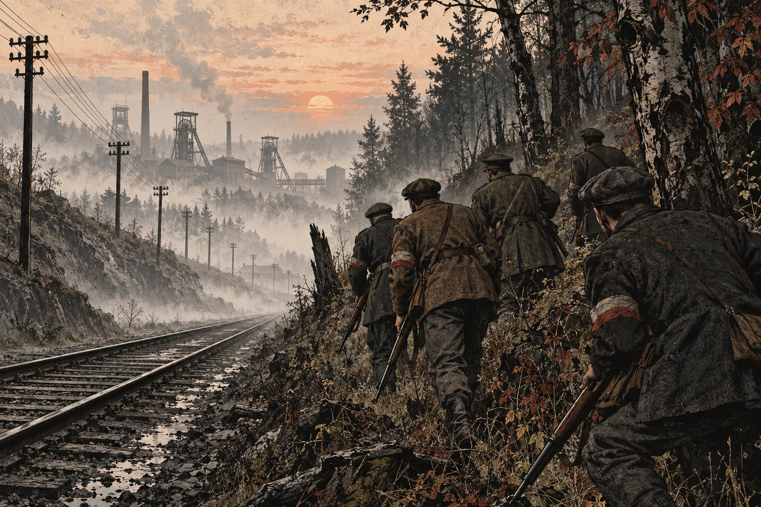 Ilustracja AI: patrol ochotników wśród drzew przy torach kolejowych, we mgle o świcie.